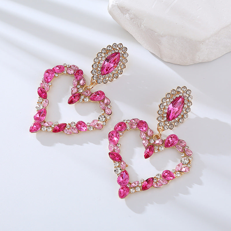Wholesale Popular Heart-shaped Alloy Inlaid with Colored Diamonds Retro Temperament Exaggerated Super Shiny Full Diamond Earrings